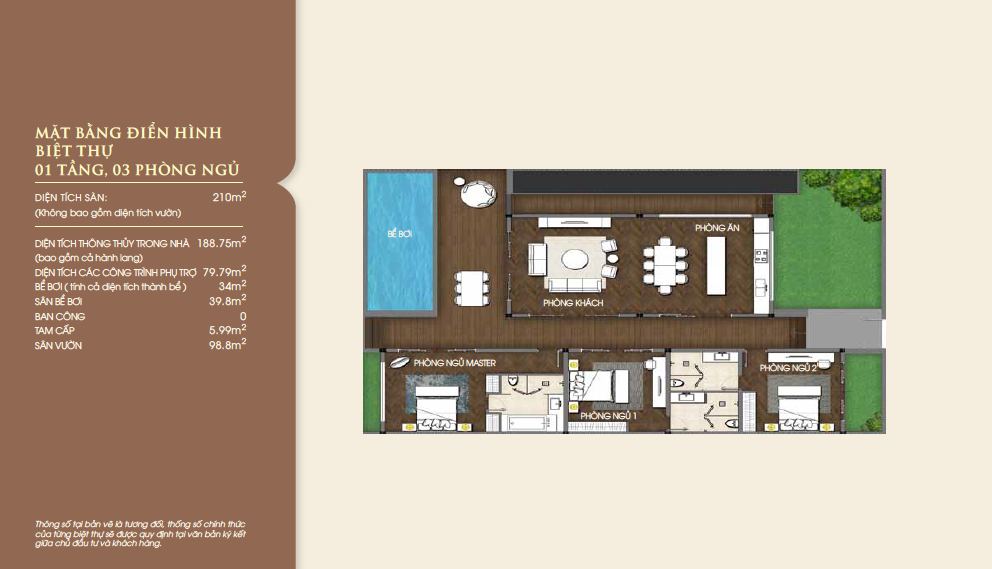 Mặt bằng biệt thự biển Vinpearl Nha Trang căn 1 tầng, 3 phòng ngủ